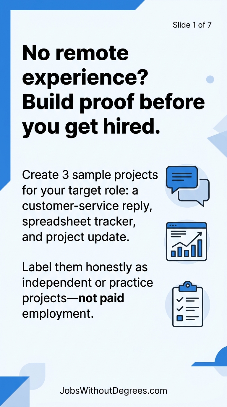 No remote experience? Build proof before you get hired. - JobsWithoutDegrees career guide slide 1