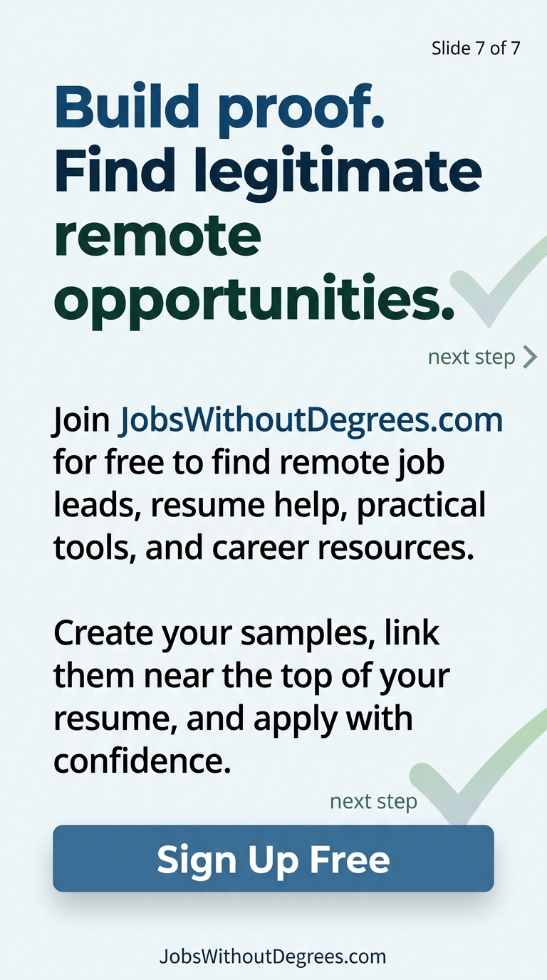 Build proof. Find legitimate remote opportunities. - JobsWithoutDegrees career guide slide 7