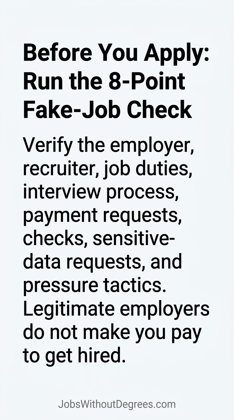Before You Apply: Run the 8-Point Fake-Job Check - JobsWithoutDegrees career guide slide 1