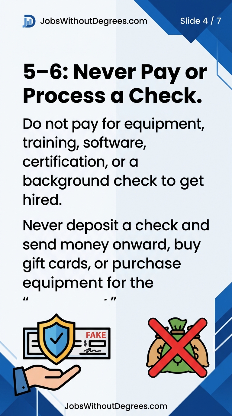 5–6: Never Pay or Process a Check - JobsWithoutDegrees career guide slide 4