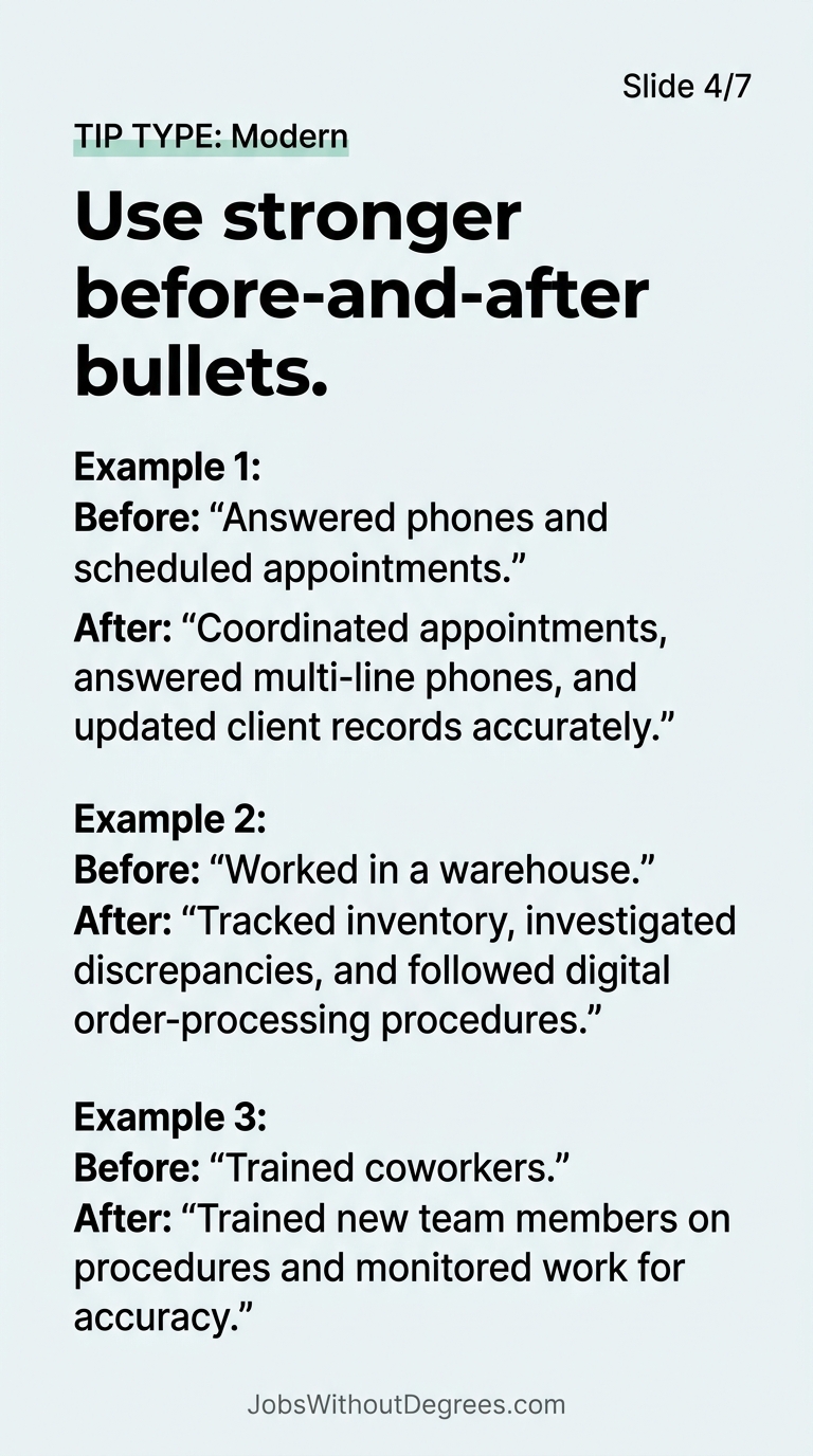 Use stronger before-and-after bullets - JobsWithoutDegrees career guide slide 4